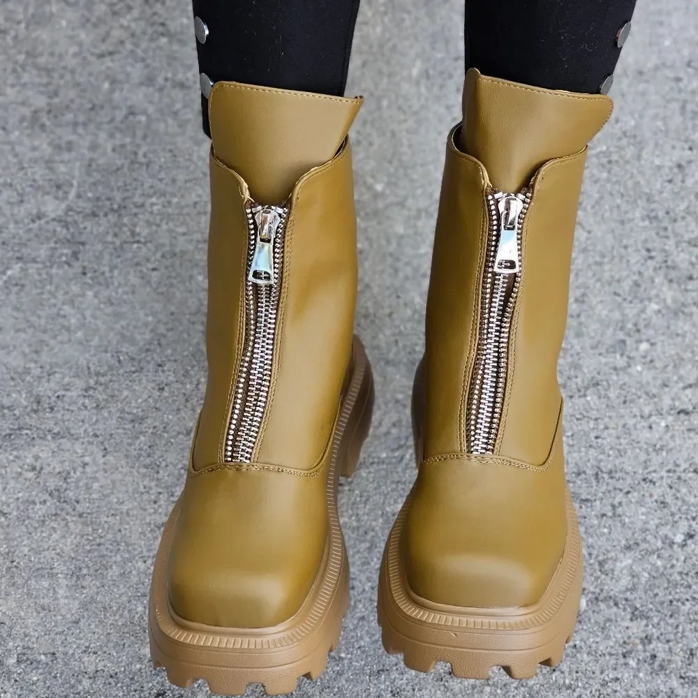 Womens Platform Combat Ankle Boots Olive Color - Picture 1 of 5